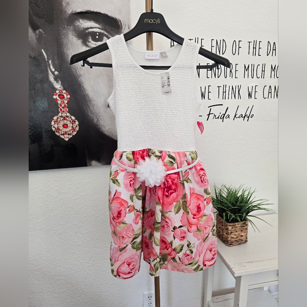 NWT The Childrens Place White and Pink Floral Dress with Belt Size L(10/12)